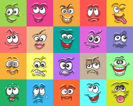 Cartoon face expressions. Happy surprised faces, doodle characters mouth and eyes. Face doodle set. Vector illustrationのイラスト素材