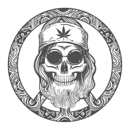 Human skull wearing in hippie clothes in a symbol of peace. Vector illustration.のイラスト素材
