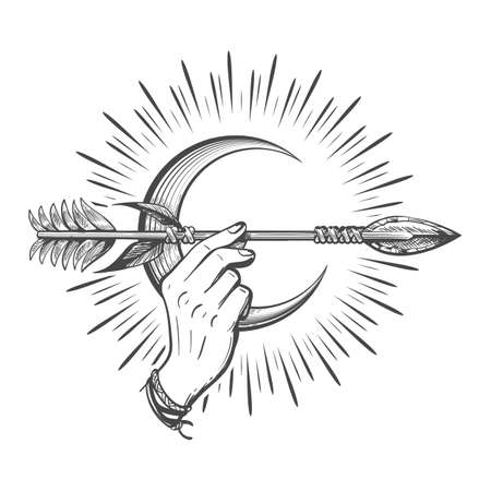 Human Hand Holds Indian Arrow Against Crescent Moon. Mystical Symbol. Vector tattoo.のイラスト素材