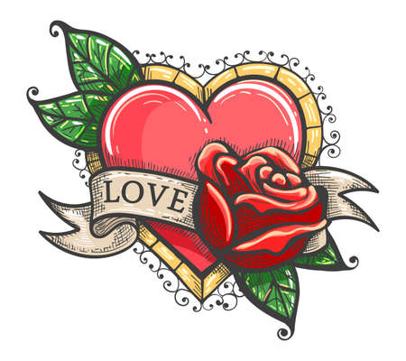 Heart, rose flowers, ribbon and word Love, classic old school tattoo on a white background. Vector Illustrationのイラスト素材