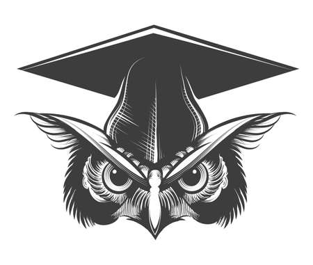 Owl in Bachelor Hat Tattoo drawn in engraving style. vector illustration.のイラスト素材