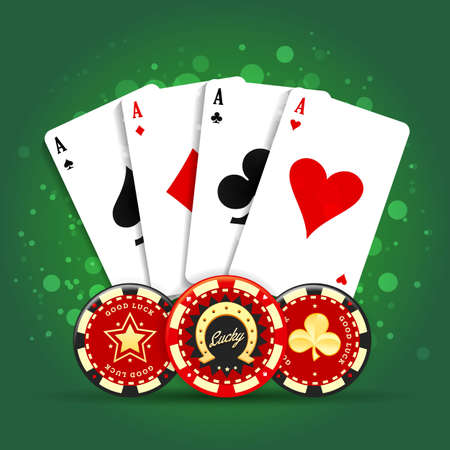 Poker card and chips. Spades hearts diamonds clubs aces and lucky chips. Vector illustration.のイラスト素材