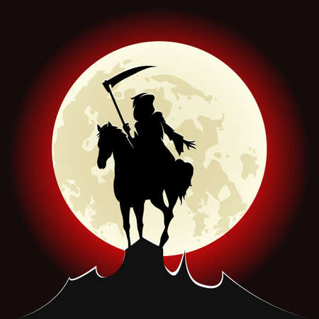 Silhouette of grim Reaper ride a horse on mountain peak against bloody Moon. vector illustration.のイラスト素材