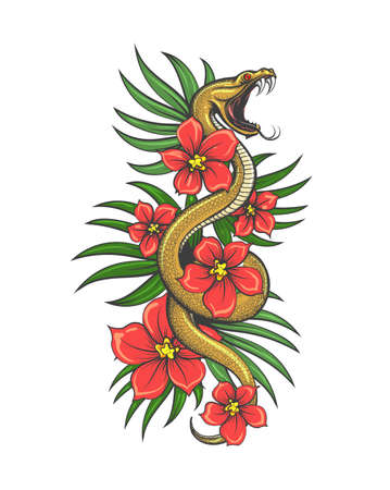 Crawling Snake with flowers and grass Leaves. Hand drawn illustration in tattoo Style. Vector illustration.のイラスト素材