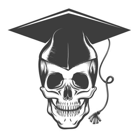 Human skull in Bachelor graduation cap tatto drawn in engraving style. Vector illustrationのイラスト素材