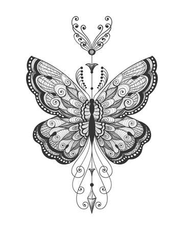 Hand drawn butterfly Tattoo on white background. Abstract mystic sign. vector Illustration.のイラスト素材