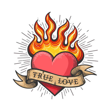 Flaming Heart Tattoo with ribbon with lettering True Love. Old school style Tattoo. Vector illustration.のイラスト素材