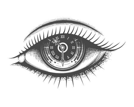 Hand Drawn Human Eye with Clock face inside Pupil. Vector illustration.のイラスト素材