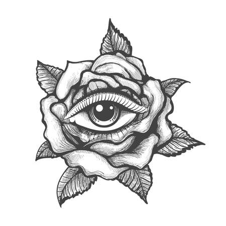 Tattoo with Human Eye inside a Rose flower isolated on white background. Vector illustration.のイラスト素材