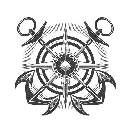 Vintage Nautical Label with Compass Wind Rose and Crossed Anchors isolated on white background. Vector illustration.のイラスト素材