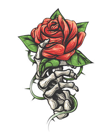 Tattoo of Rose flower in human skeleton hand isolated on white background. Vector illustration.のイラスト素材