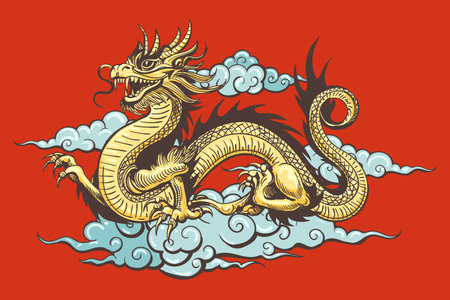 Traditional Golden Chinese Dragon in the Sky on red background. Vector illustration.のイラスト素材