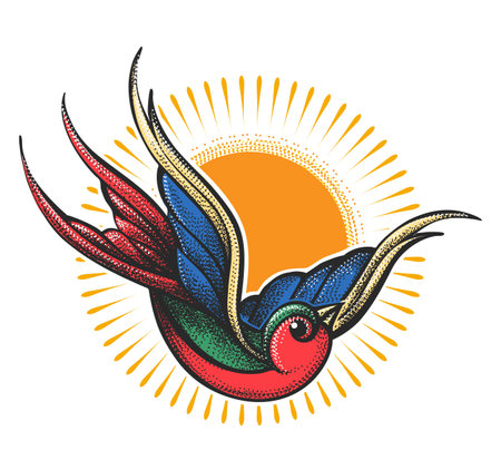 Tattoo of flying Swallow and Sunshine.Tattoo in Engraving Style. Vector illustration.のイラスト素材