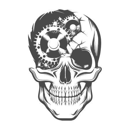 Tattoo of Human Skull with broken Clockwork Gears Inside. Vector illustration.のイラスト素材