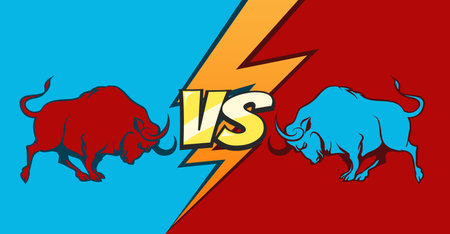 Two fighting bulls and Versus sign. Command battle concept background. vector illustration.のイラスト素材