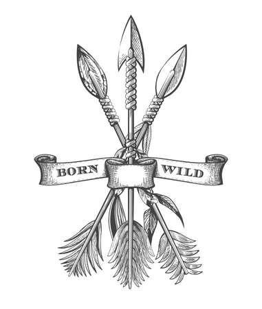 Tattoo of Hand Drawn Native Americans Arrows and Ribbon with Wording Born Wild. Vector illustration.のイラスト素材