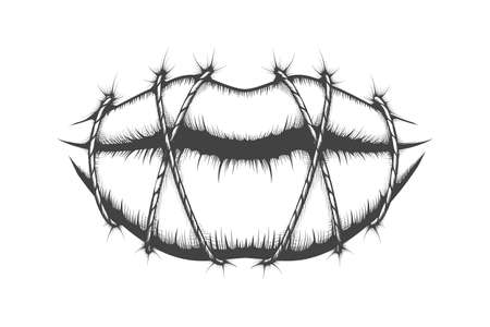 Stitched Lips drawn in Tattoo style. Silence concept. Vector illustration.のイラスト素材
