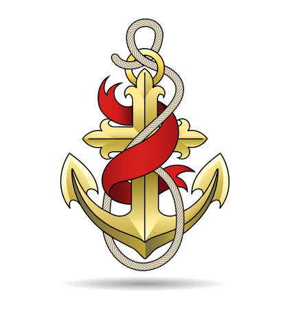 Golden Anchor with Red Ribbon and Ropes. Nautical Marine tattoo Template isolated on white. Vector illustrationのイラスト素材