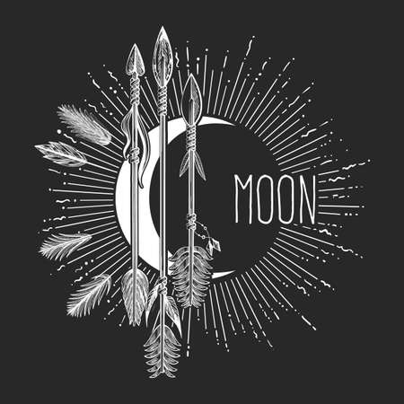 Crescent moon with arrows drawn in boho style. Mystical moon emblem isolated on black. Vector illustration.のイラスト素材