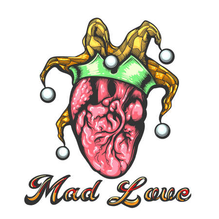 Tattoo of Human Heart with Jester Cap and Wording Mad Love Tattoo drawn in engraving style. Vector illustration.のイラスト素材