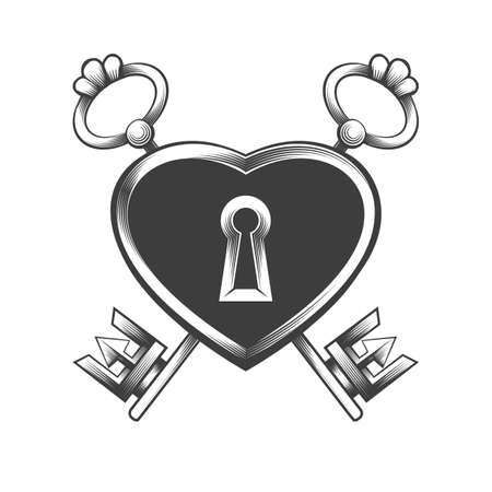 Tattoo of lock with two keys drawn in engraving style. Vector illustration.のイラスト素材