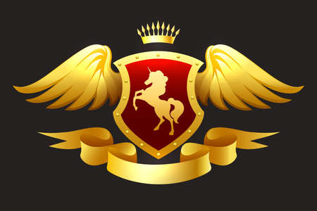 Unicorn Coat of Arms. Golden crown shield wings and ribbon. Vector illustration.のイラスト素材