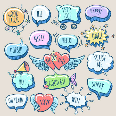 Set of Hand Drawn Doodle Cartoon Speech Bubbles with wordings. Vector illustration.のイラスト素材