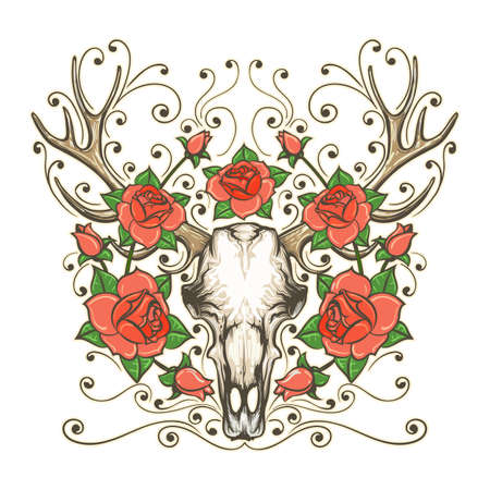 Hand Drawn Deer or Antler Skull With Rose Flowers isolated on white. Bohemian And Hipster style Tattoo. Vector illustrationのイラスト素材