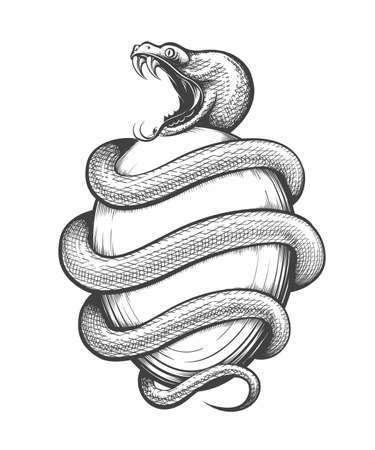 Tattoo of Snake and TheOrphic Egg. Ancient cosmogony Orchic religious Tradition Symbol. Vector illustration.のイラスト素材
