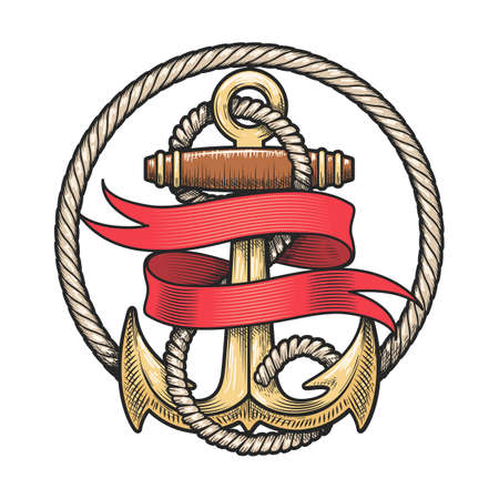 Colorful Anchor in Ropes and Red Ribbon. Vector  illustrationのイラスト素材