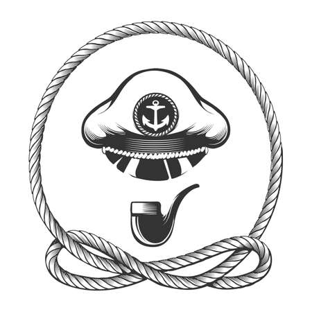 Navy captain hat with smoking pipe in marine rope circle. Vector illustrationのイラスト素材