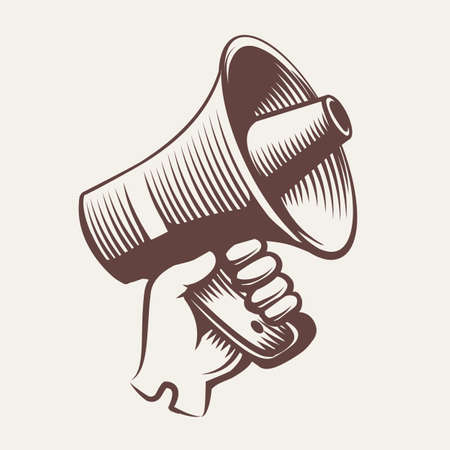 Hand in glove holds megaphone. Hand drawn vintage engraving propaganda concept. Vector illustration.のイラスト素材