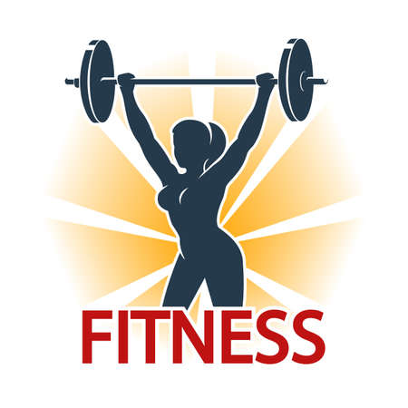 Woman silhouette with barbell. Fitness exercises concept. Fitness center or Gym emblem. Isolated on white vector illustration.のイラスト素材