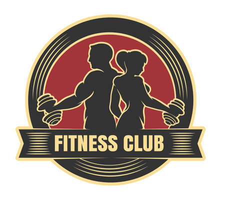Fitness club  with exercising athletic man and woman isolated on white. Vector illustrationのイラスト素材