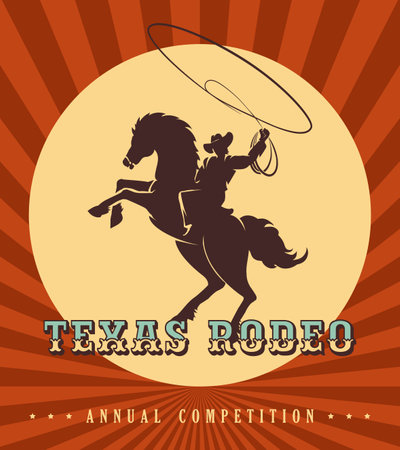 Vintage Rodeo poster. Silhouette of cowboy with lasso ride a wild horse. Vector Illustration.のイラスト素材