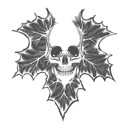 Tattoo of Skull On Maple Leaf drawn in engraving Style. Vector illustration.のイラスト素材