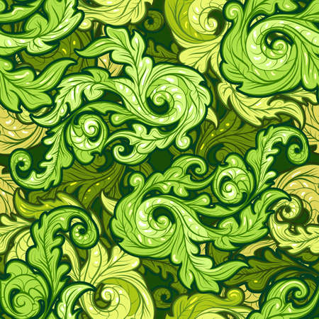 Seamless pattern with green floral swirls drawn in cartoon style. Vector illustration.のイラスト素材