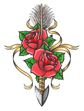 Colorful Tattoo of Two Rose Flowers Pierced by Indian Arrow isolated on white. Vector illustration.のイラスト素材