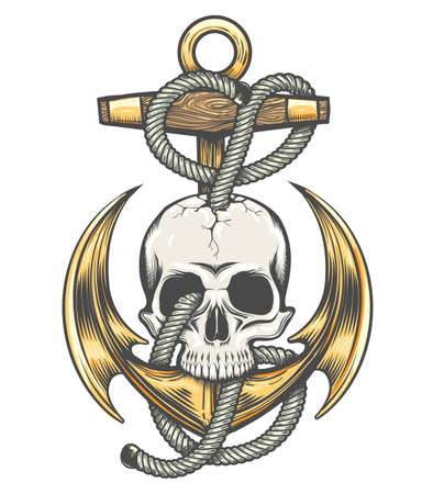 Colorful Tattoo of Skull and Anchor with ropes isolated on white. Vector illustrationのイラスト素材