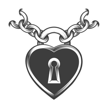 Tattoo of Heart Shaped Lock and Chains drawn in engraving style. Vector ilustration.のイラスト素材