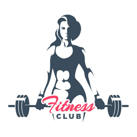 Fitness Club . Athletic Woman Holds Barbell on White Background. Vector illustration.のイラスト素材