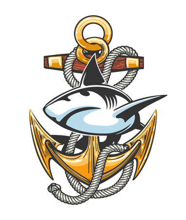 Tattoo of Ship Anchor with Ropres and Big Shark isolated on white. Vector illustration.のイラスト素材