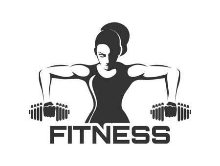 Woman training with Dumbbell monochrome Fitness Club Design isolated on white. Vector illustration.のイラスト素材