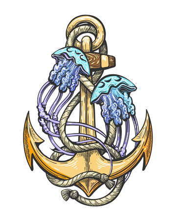 Tattoo of Ship Anchor and jellyfishes isolated on white background. Vector Illustration.のイラスト素材