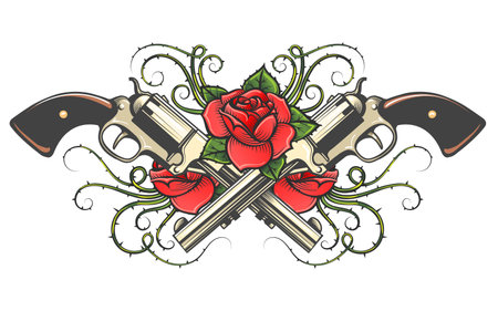 Colorful tattoo of Guns and Roses with Thorns isolated on white. Vector illustration.のイラスト素材