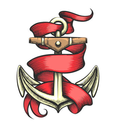 Colorful Tattoo of Golden Anchor with Red Ribbon. Vector illustration.のイラスト素材