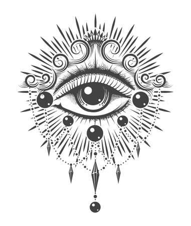 Tattoo of Esoteric Symbol All Seeing Eye isolated on white. Vector illustration.のイラスト素材