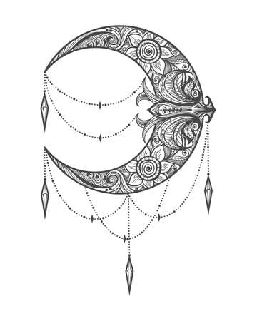 Tattoo  of Crescent Moon drawn. Vector Tattoo.のイラスト素材