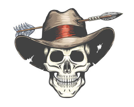 Human Skull in Arrow shot Cowboy Hat Colorful Tattoo. Vector illustration.のイラスト素材
