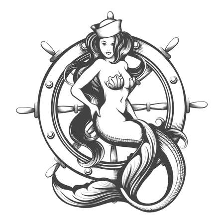 Tattoo of long hair mermaid and nautical steering wheel isolated on white. Vector illustration.のイラスト素材